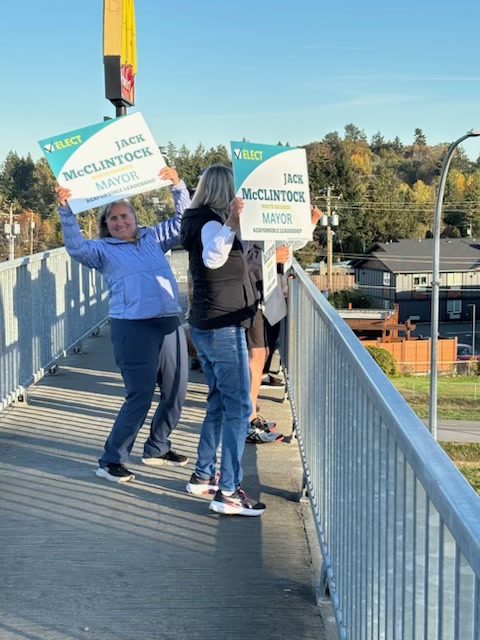 Supporters displaying Jack McClintock for Mayor signs